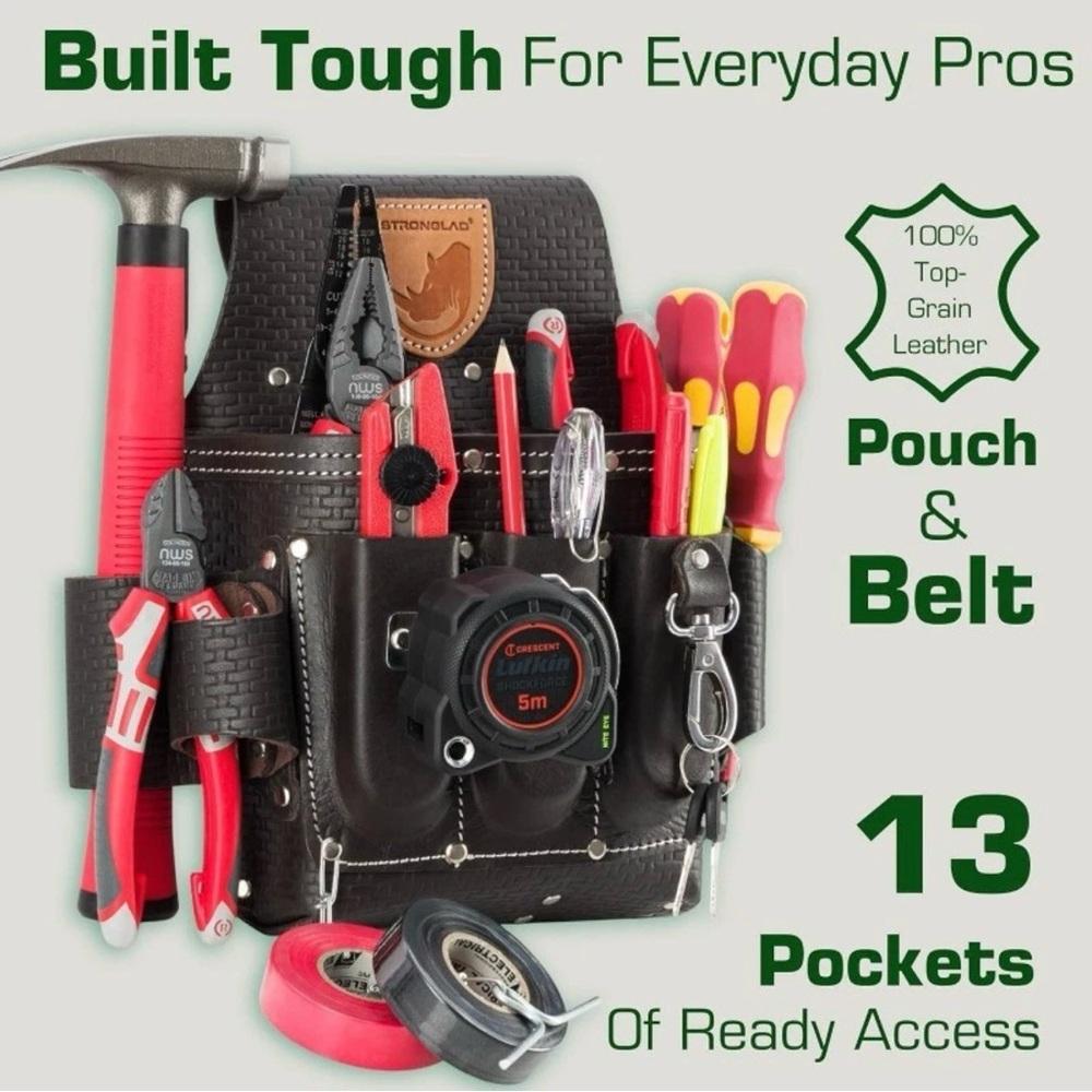 Electrician Tool Belt Top Grain Leather, 13-Pocket Tool Pouch for Electrical NWT